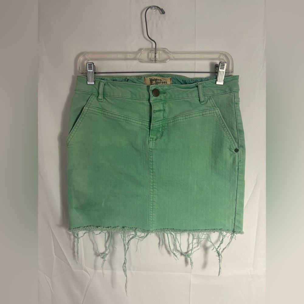 ANTHRO Holding Horses Mint Green Raw Hem Indie Sleeze Denim‎ Mini Skirt Size S